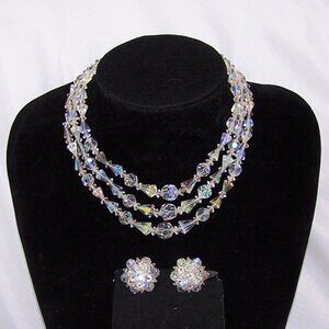 VTG-3 Strand Crystal Necklace/Choker and Clip on Earrings